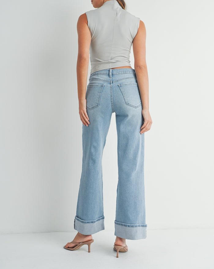 light blue cuffed wide leg jeans