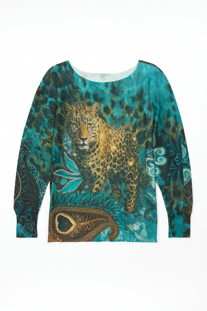 Teal long sleeve graphic top with a bold leopard animal motif and vibrant turquoise jungle-inspired print.