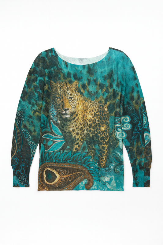 Teal long sleeve graphic top with a bold leopard animal motif and vibrant turquoise jungle-inspired print.