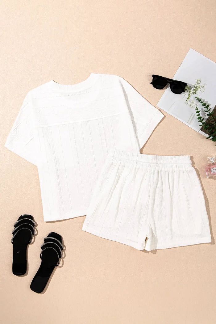 Jet Stream Textured Patched Pocket Short Sleeve Top Drawstring Shorts Set - Two Piece Sets/Short Sets