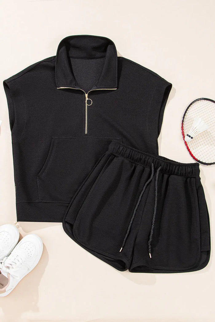 Black Textured Quarter Zip Kangaroo Pocket Top Drawstring Shorts Set - Two Piece Sets/Short Sets