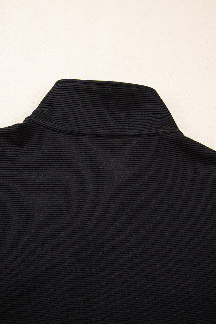 Black Textured Quarter Zip Kangaroo Pocket Top Drawstring Shorts Set - Two Piece Sets/Short Sets