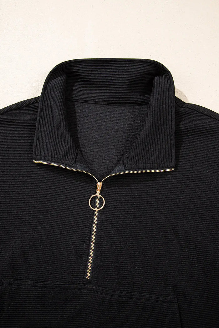 Black Textured Quarter Zip Kangaroo Pocket Top Drawstring Shorts Set - Two Piece Sets/Short Sets
