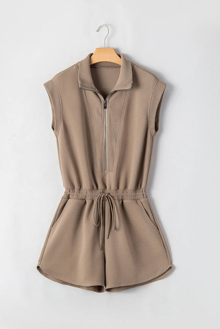 Dark Khaki Textured Short Sleeve Half Zip Drawstring Waist Romper - Bottoms/Jumpsuits & Rompers