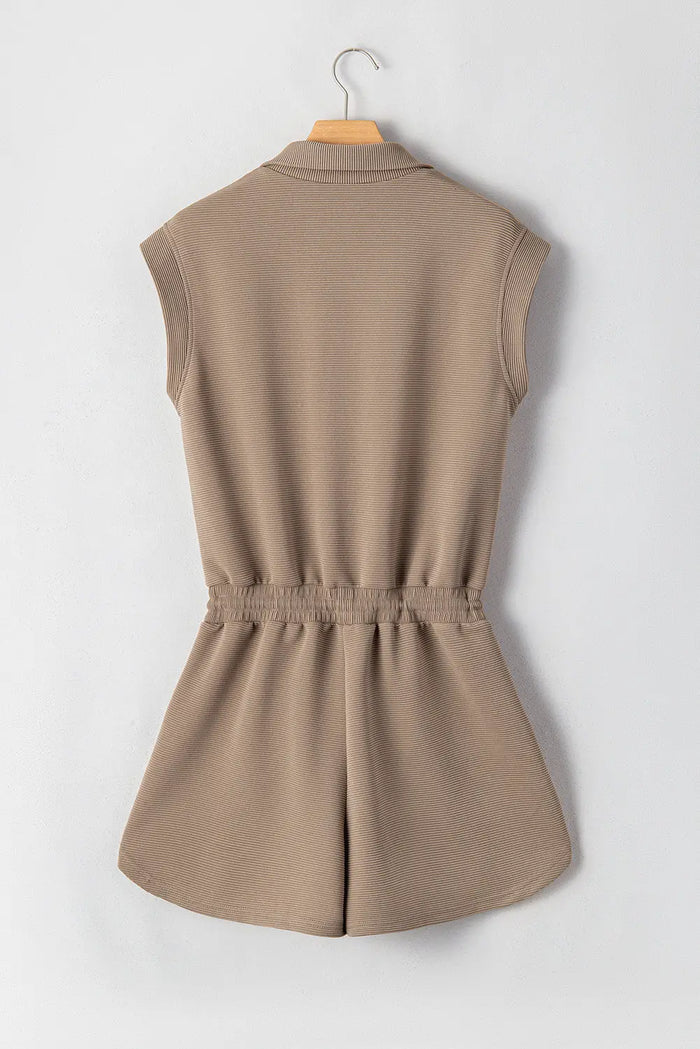 Dark Khaki Textured Short Sleeve Half Zip Drawstring Waist Romper - Bottoms/Jumpsuits & Rompers