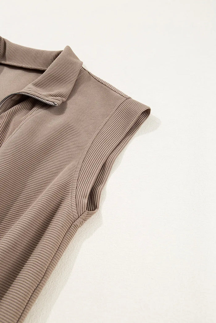 Dark Khaki Textured Short Sleeve Half Zip Drawstring Waist Romper - Bottoms/Jumpsuits & Rompers
