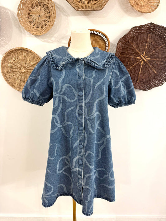 The Brody Bow Print Bib Collar Dress in Denim