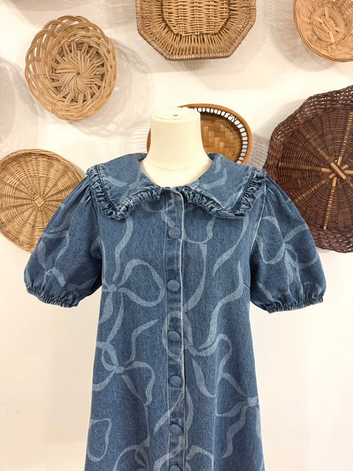 The Brody Bow Print Bib Collar Dress in Denim