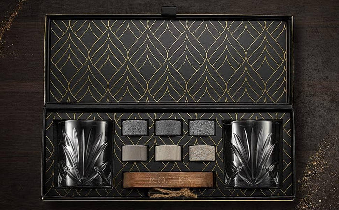 The Connoisseur's Set - Palm Whiskey Glass Edition  ROCKS Whiskey Chilling Stones