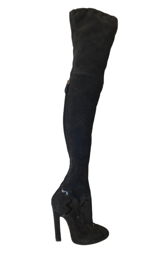 Alaïa Thigh High Black Leather Studded Boots - Runway Catalog