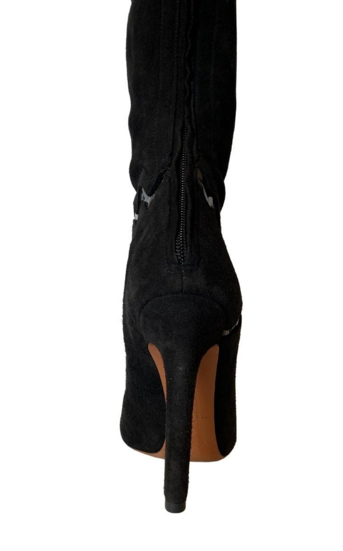 Alaïa Thigh High Black Leather Studded Boots - Runway Catalog
