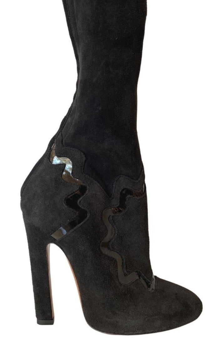 Alaïa Thigh High Black Leather Studded Boots - Runway Catalog