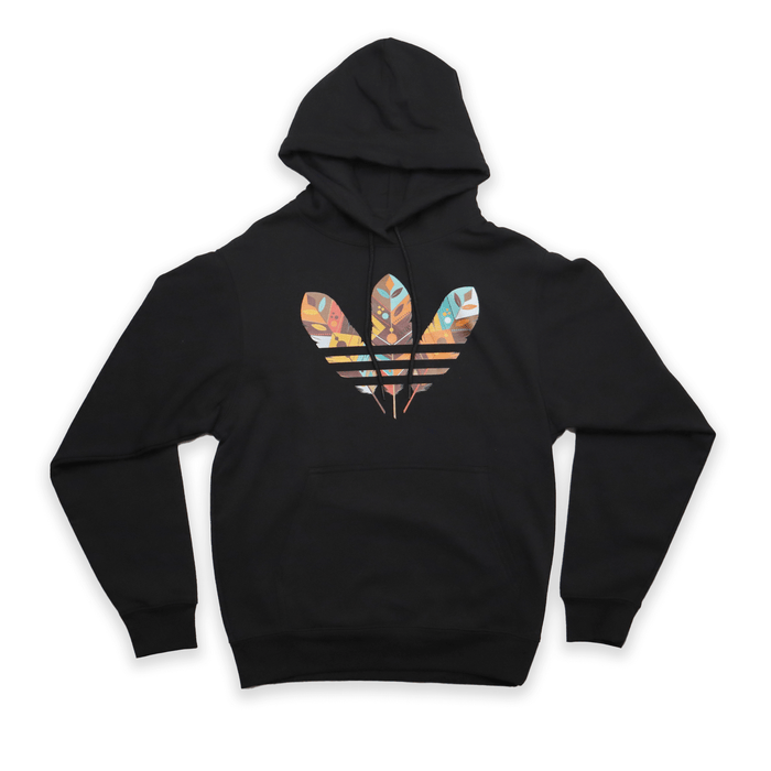 Black hoodie with a colorful logo on a black background
