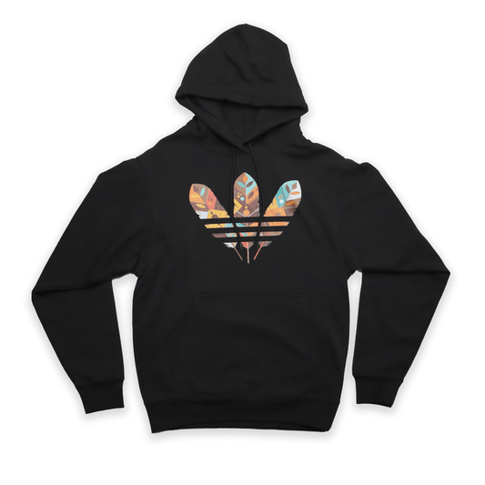 Black hoodie with a colorful logo on a black background