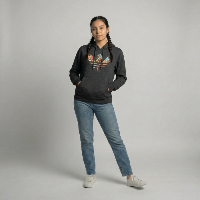 Person wearing a heather grey hoodie with colorful graphics and blue jeans on a gray background