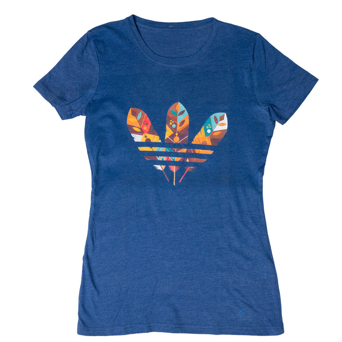 Three Feathers Ladies Tee featuring a bold feather graphic on a blue cotton-poly T-shirt.