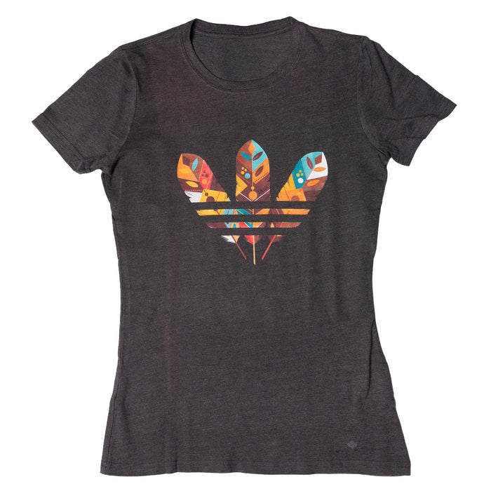 Three Feathers Ladies Tee featuring a colorful three feathers graphic on a dark T-shirt.