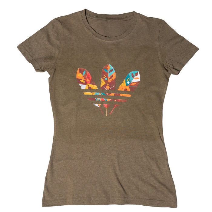 Three Feathers Ladies Tee featuring a colorful three feathers graphic on a soft brown T-shirt.