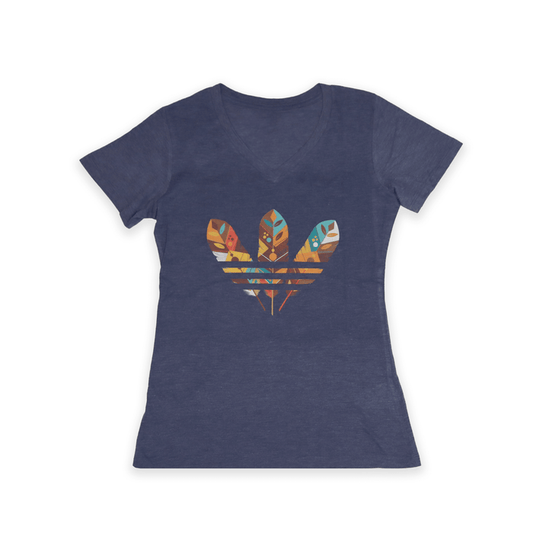 Blue Three Feathers Ladies V-neck Tee with feather artwork front view