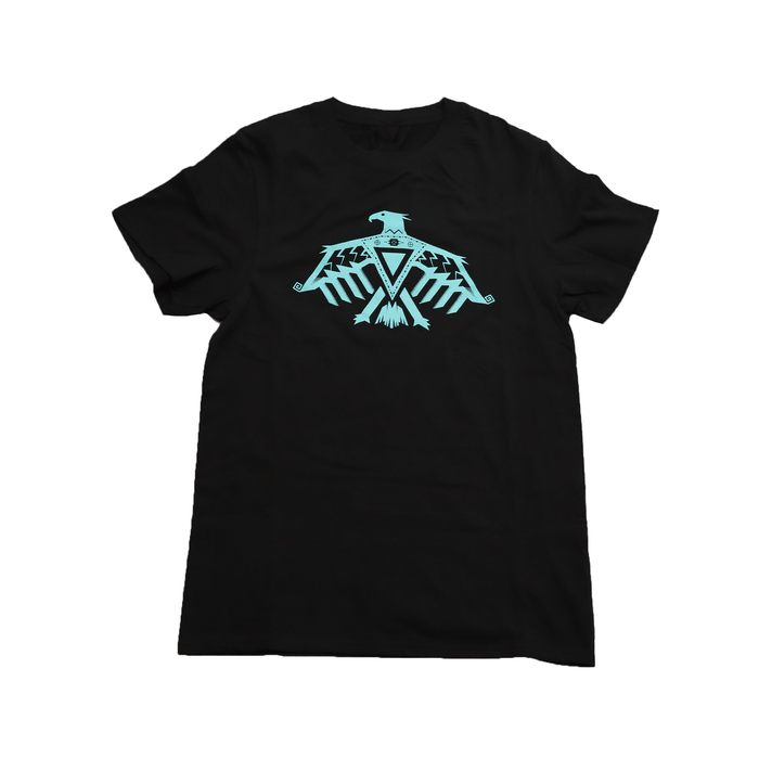 Thunderbird Tee featuring a bold Thunderbird design on a black cotton t-shirt for outdoor adventures.