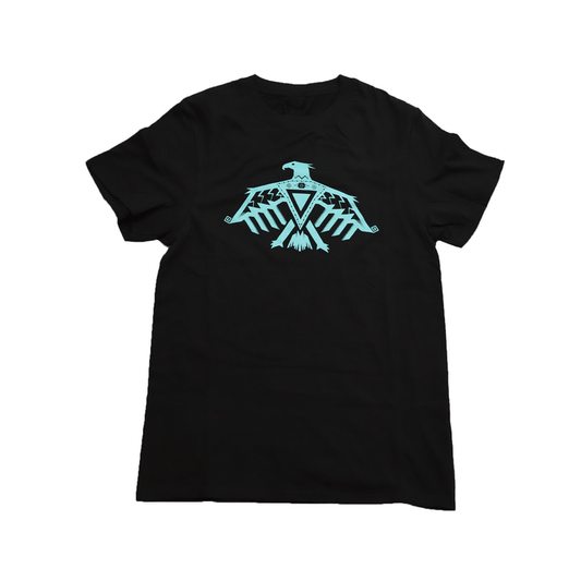 Thunderbird Tee featuring a bold Thunderbird design on a black cotton t-shirt for outdoor adventures.