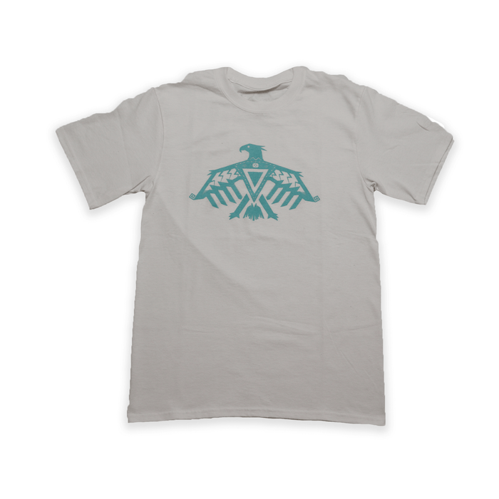 Thunderbird Tee featuring a bold turquoise Thunderbird design on a light shirt, perfect for outdoor adventures.