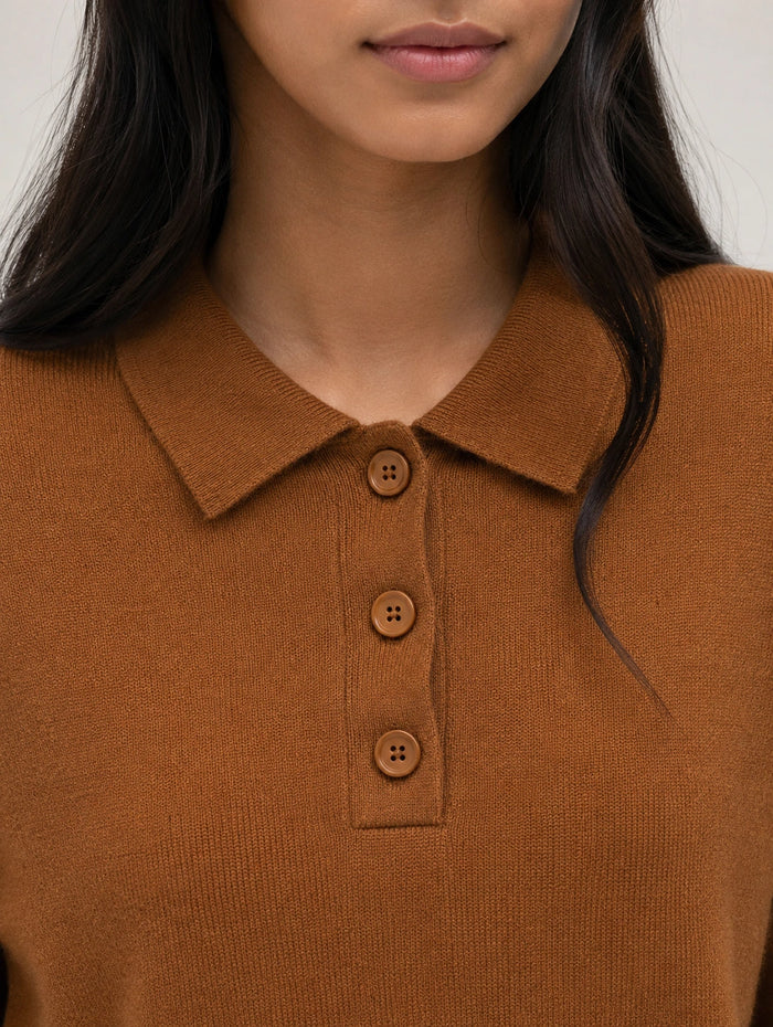 Toffee Wool-Cashmere Polo Sweater