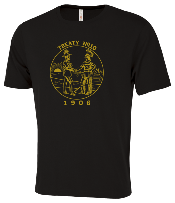 Treaty Medallion Tee featuring a graphic of two figures shaking hands, symbolizing unity and respect for treaties.