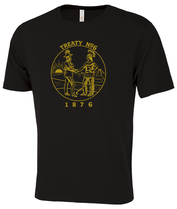 Treaty Medallion Tee featuring Treaty No. 6 design, symbolizing cultural heritage and solidarity.