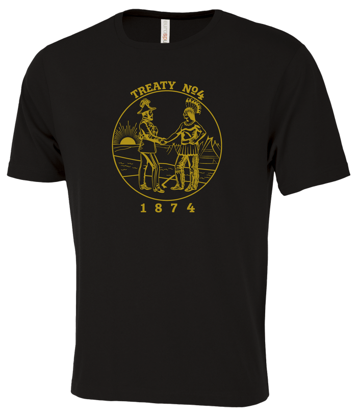 Treaty Medallion Tee featuring Treaty No. 4 design with handshake illustration on a black t-shirt.