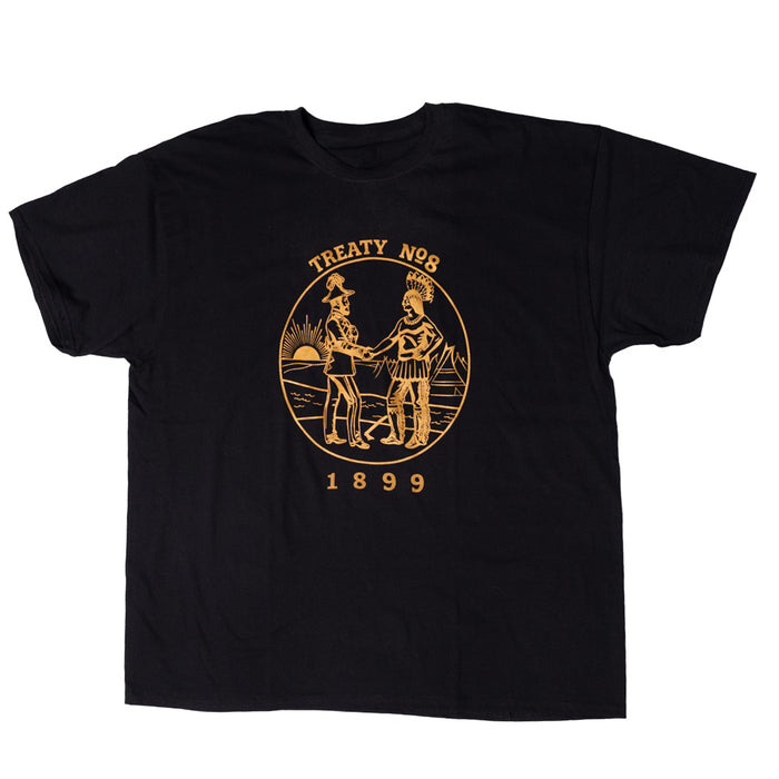 Treaty Medallion Tee featuring Treaty No. 8 design on a black t-shirt, celebrating Indigenous cultural heritage and treaties.