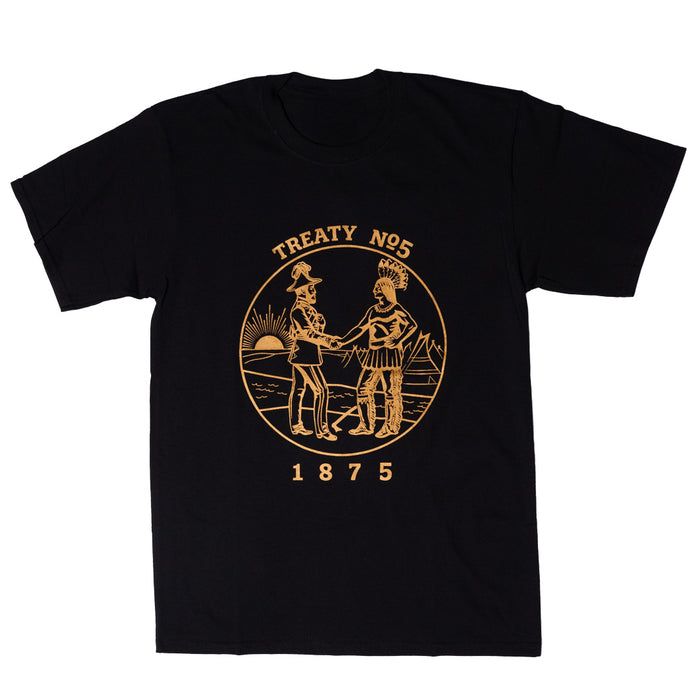 Treaty Medallion Tee featuring a design celebrating Treaty No. 5 with Indigenous figures and historical significance.