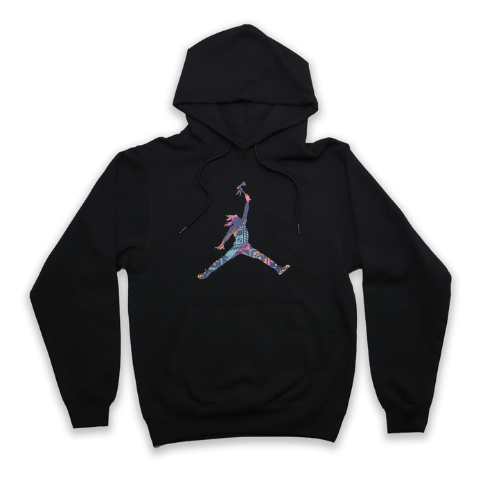 Tribal Leap Hoodie featuring a vibrant, tribal-inspired graphic on a black background.