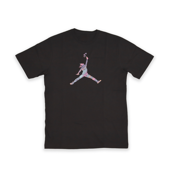 Black t-shirt featuring a colorful design, perfect for sports and casual wear.