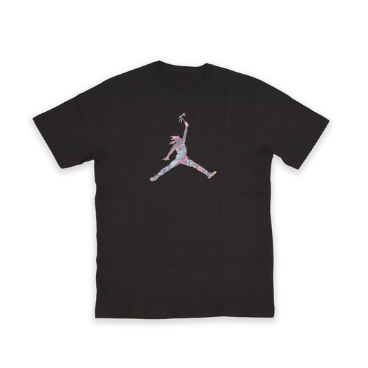 Black t-shirt featuring a colorful design, perfect for sports and casual wear.