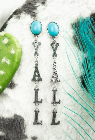 TURQUOISE AND SILVERTONE 'YALL' DROP EARRINGS