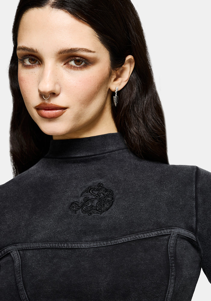 Uma Embroidered Seamed Ribbed Long Sleeved Top