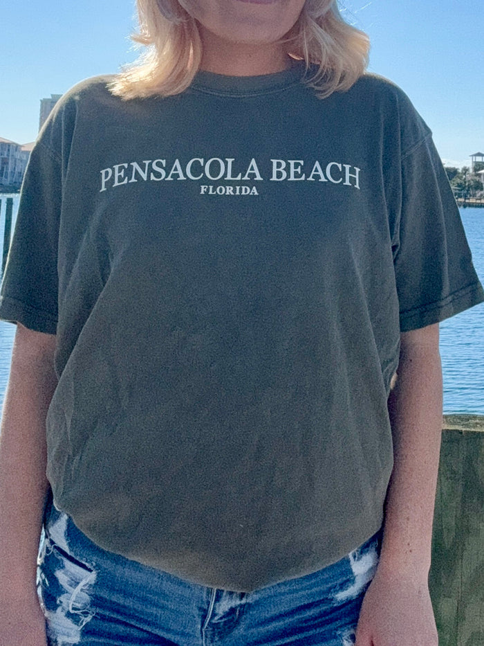 Pensacola Beach Icon T shirt in olive front view shown on model size medium