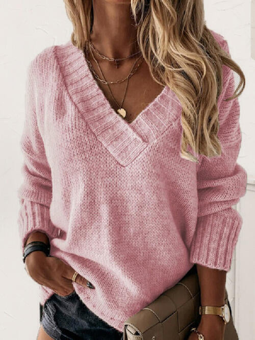 V-Neck Long Sleeve Knit Top - Madikfashions.com