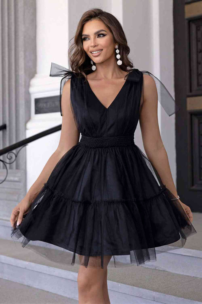 V-Neck Shoulder Detail Mesh Dress - Madikfashions.com