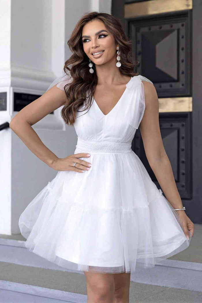 V-Neck Shoulder Detail Mesh Dress - Madikfashions.com