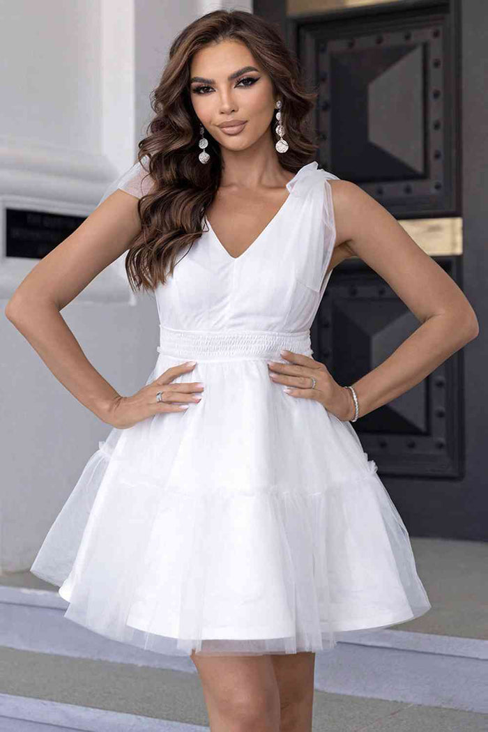 V-Neck Shoulder Detail Mesh Dress - Madikfashions.com