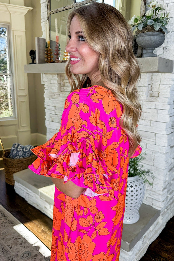 Pink Voluminous Ruffled Sleeve Floral Dress - Dresses/Floral Dresses