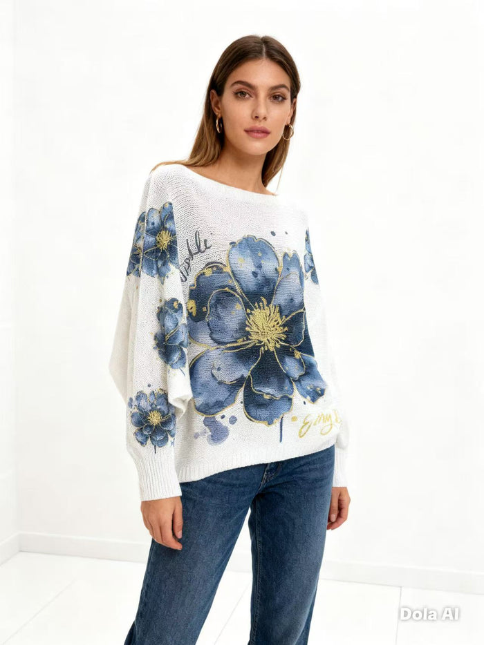 White Blue Floral Graphic Knit Top - Born To Glam