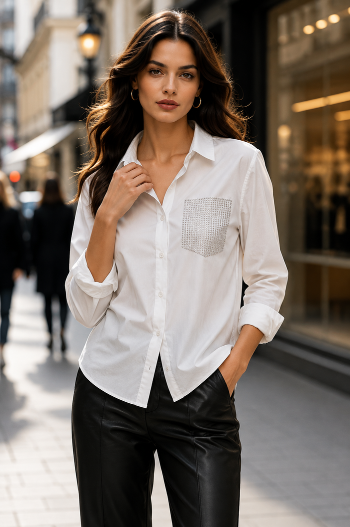 White Crystal Pocket Long Sleeve Top - Born To Glam