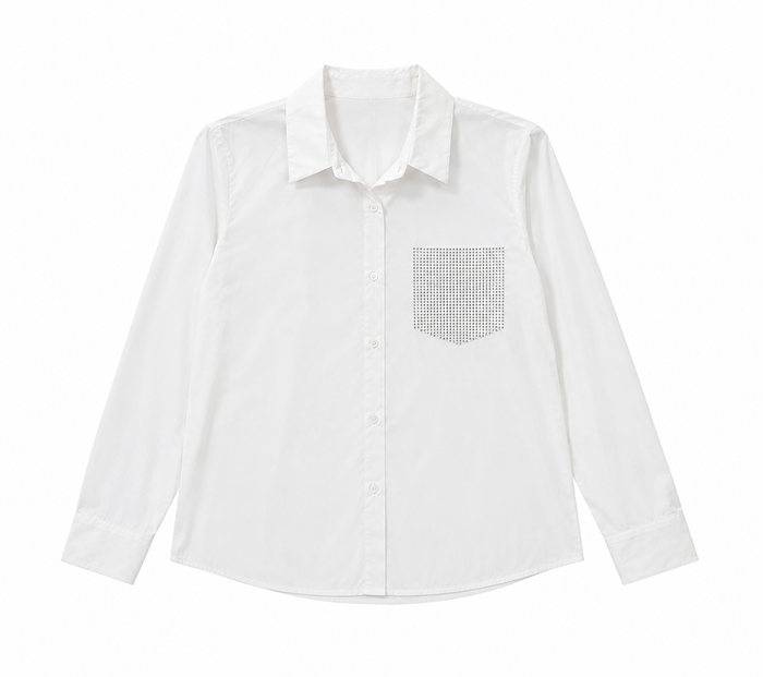 White Crystal Pocket Long Sleeve Top - Born To Glam