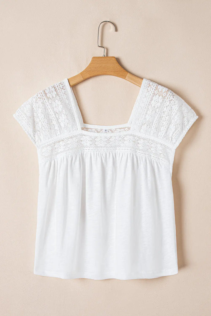 White Hollowed Lace Patchwork Square Neck Short Sleeve Blouse - Tops/Blouses & Shirts