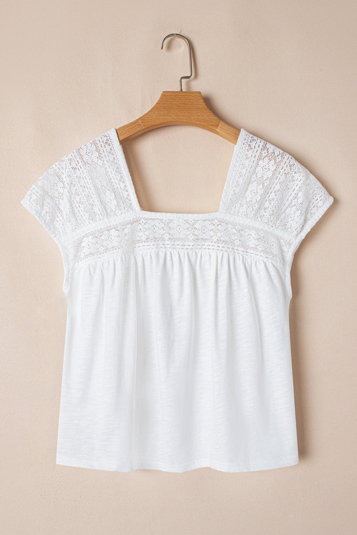 White Hollowed Lace Patchwork Square Neck Short Sleeve Blouse - Tops/Blouses & Shirts