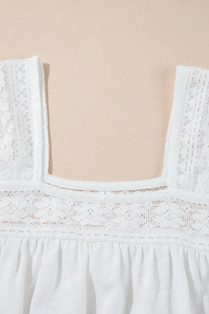 White Hollowed Lace Patchwork Square Neck Short Sleeve Blouse - Tops/Blouses & Shirts