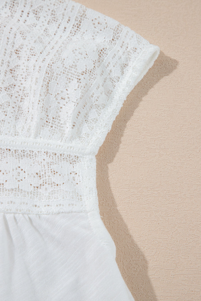 White Hollowed Lace Patchwork Square Neck Short Sleeve Blouse - Tops/Blouses & Shirts
